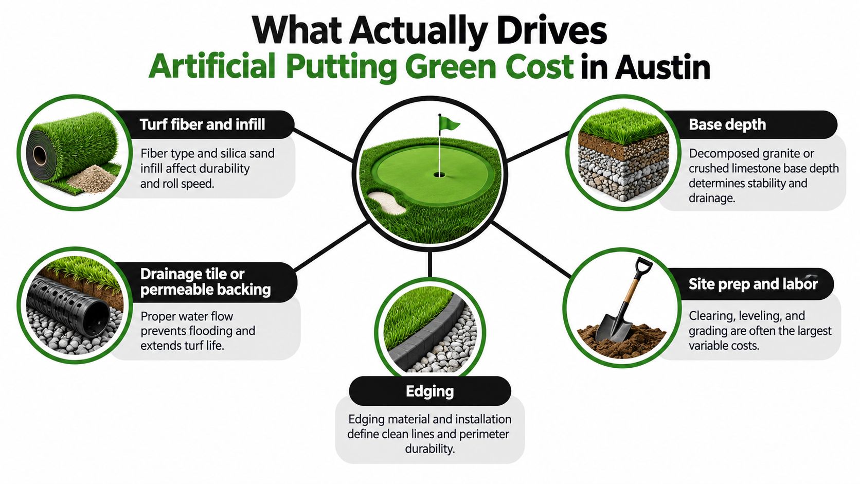An infographic detailing the five key factors influencing the total cost of installing an artificial putting green.