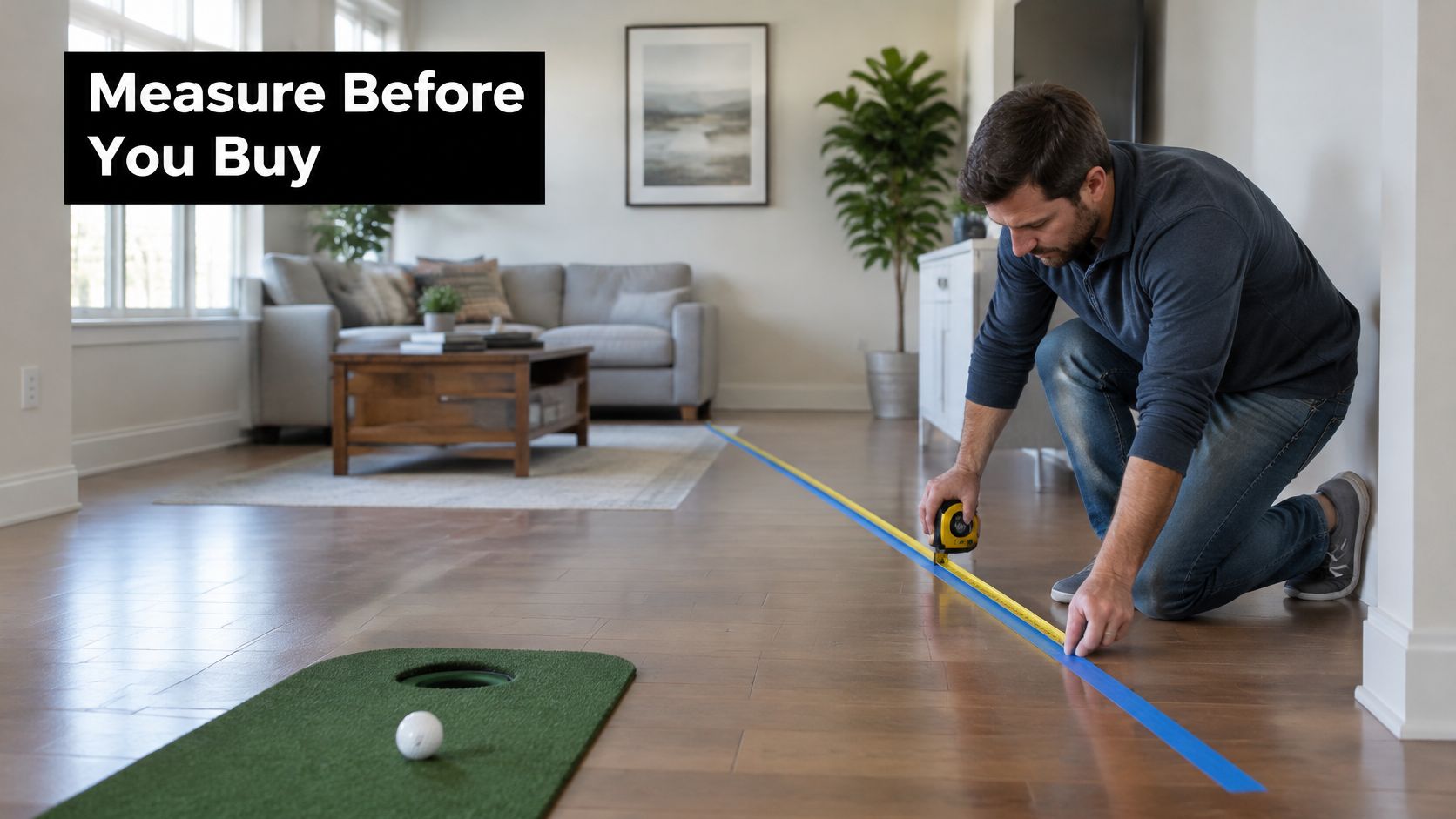 A man uses a tape measure on the floor to prepare for an indoor putting green installation.
