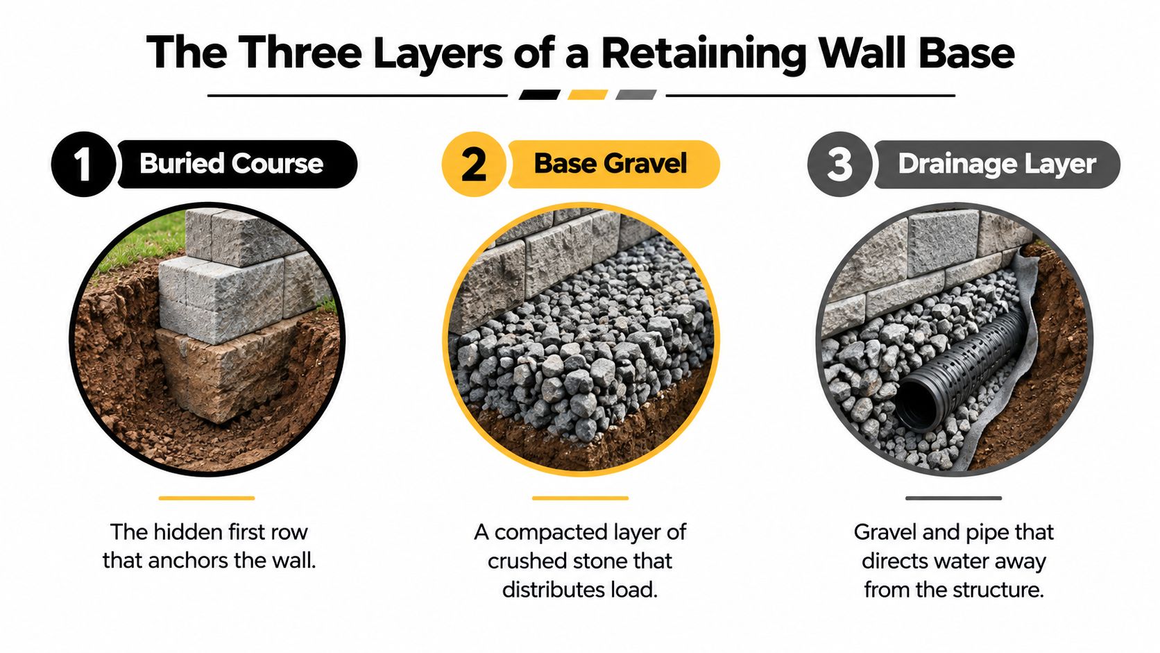 A diagram illustrating the three essential foundation layers for constructing a stable and long-lasting retaining wall.