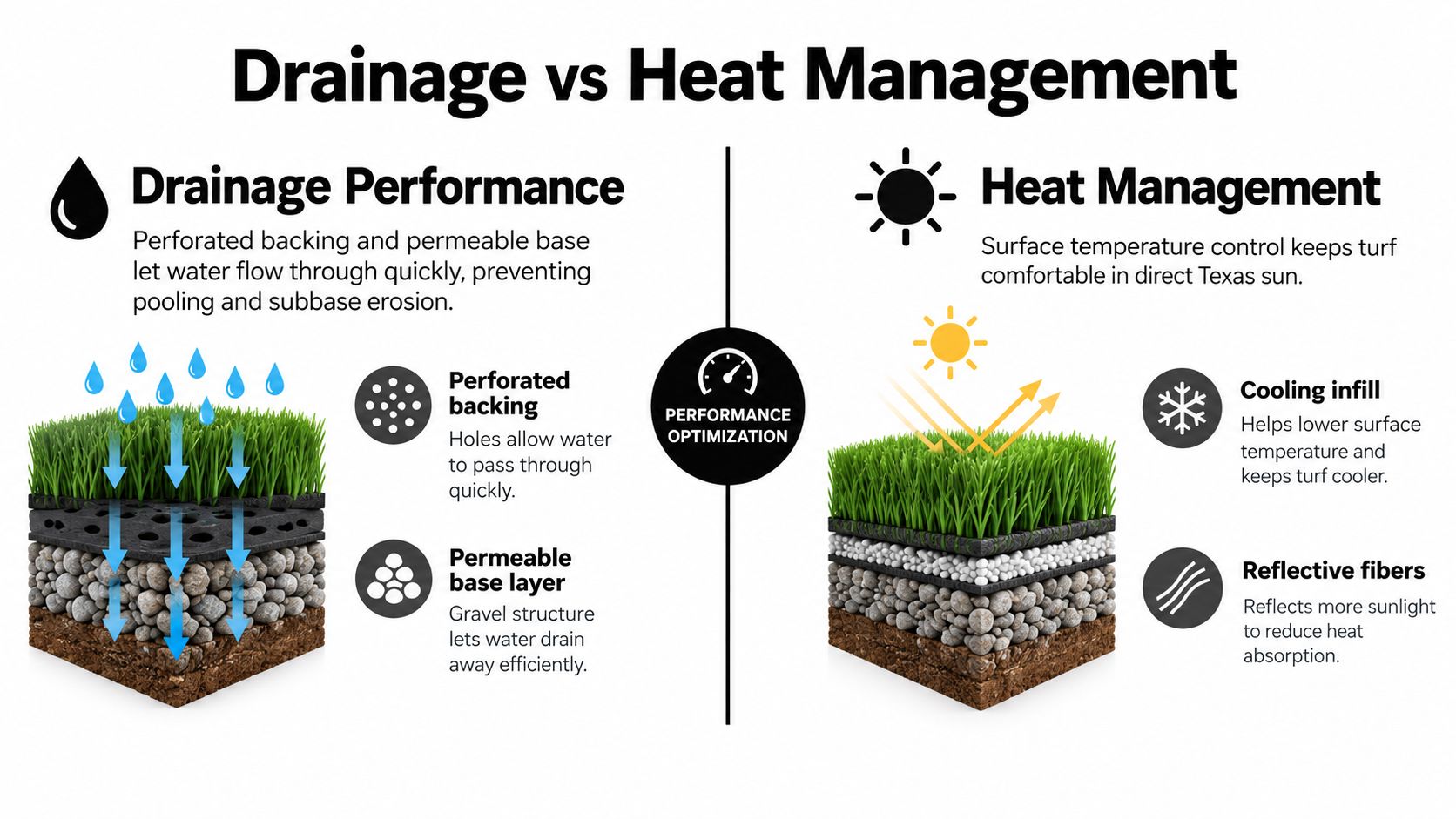 A diagram comparing drainage performance and heat management features in synthetic turf installation cross-sections.