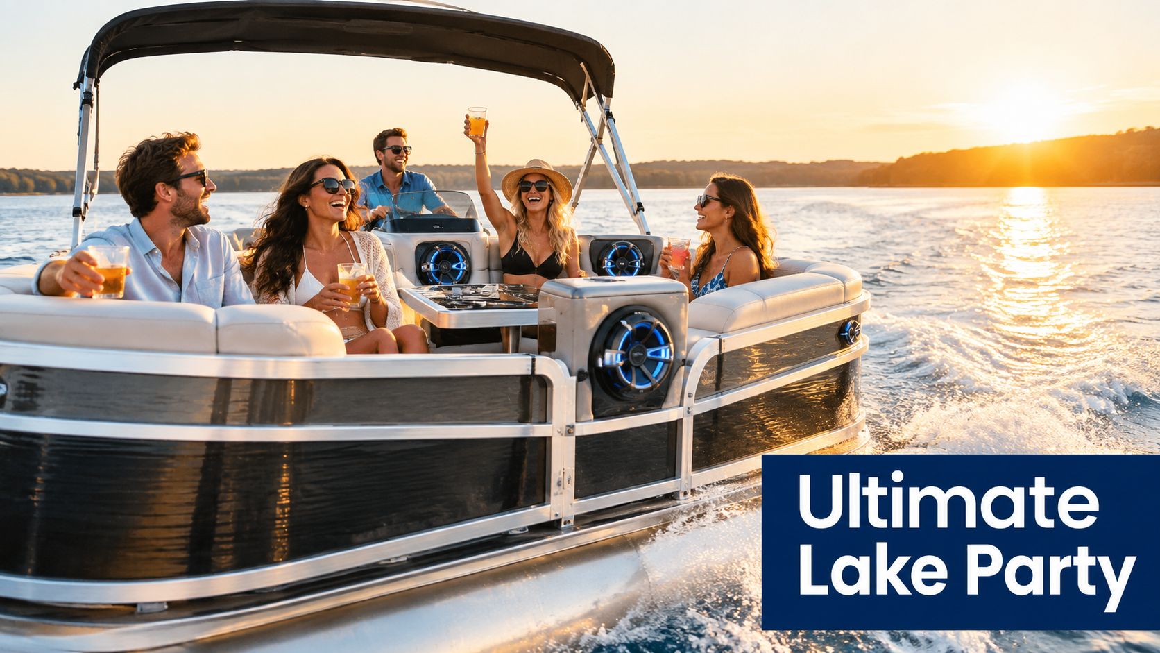 A group of friends enjoy a sunset boat ride on a luxury pontoon boat with glowing speakers.