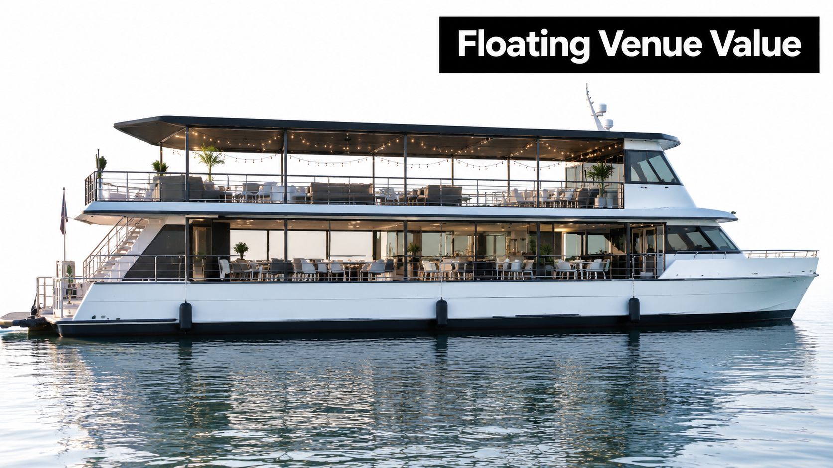 A modern white double-decker yacht used as a floating event venue docked on calm water.