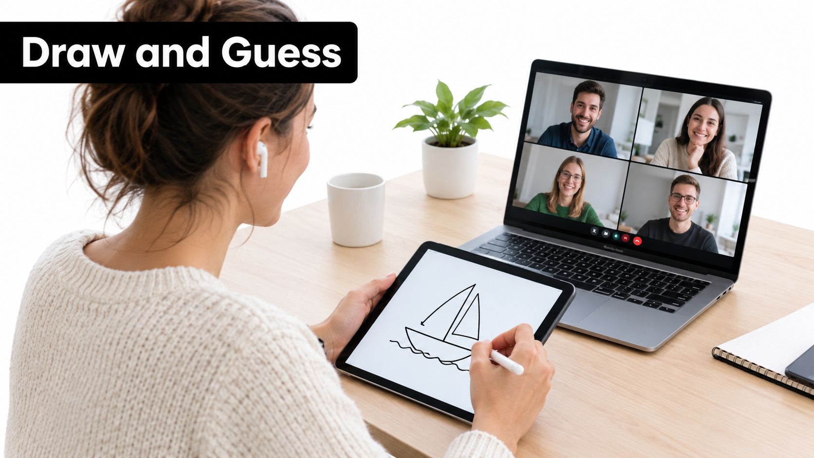 A woman participating in an online corporate team building game while drawing a sailboat on her tablet.