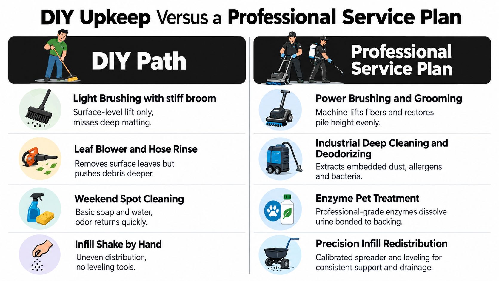 A comparison chart showing the differences between DIY artificial turf upkeep and professional artificial turf maintenance services.