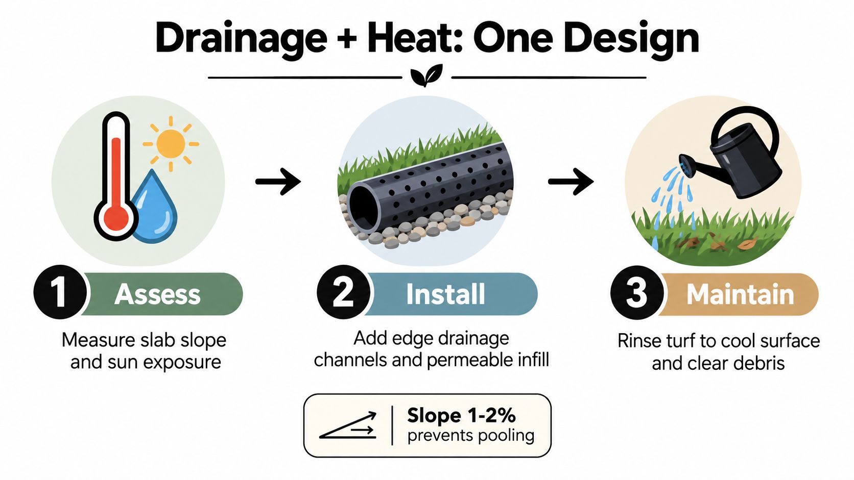 An infographic showing a three-step guide for artificial turf on concrete installation: assessment, installation, and maintenance.