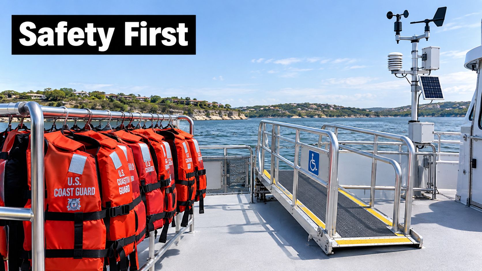 A row of orange U.S. Coast Guard life jackets hanging on a boat deck near a ramp.