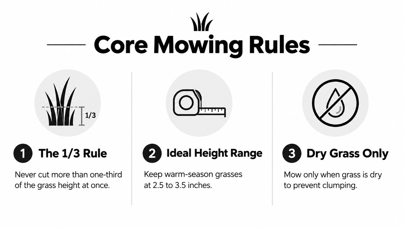 An infographic showing three essential lawn mowing rules for healthy grass maintenance and care.