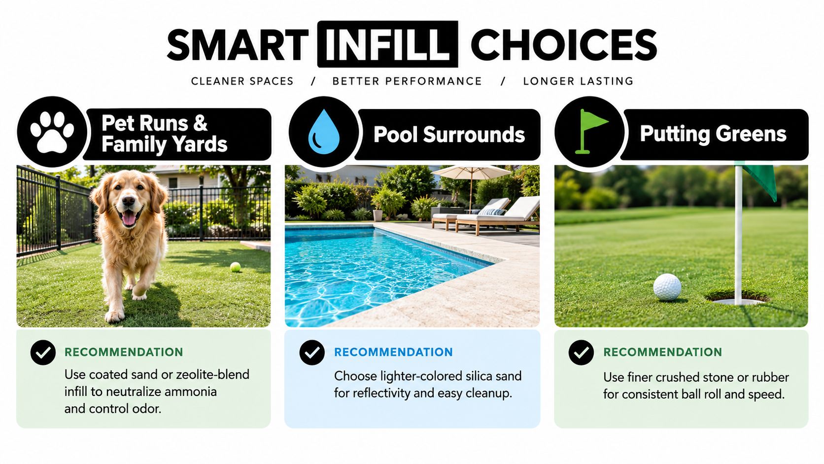 A guide showing recommended artificial grass infill choices for pet runs, pool surrounds, and backyard putting greens.