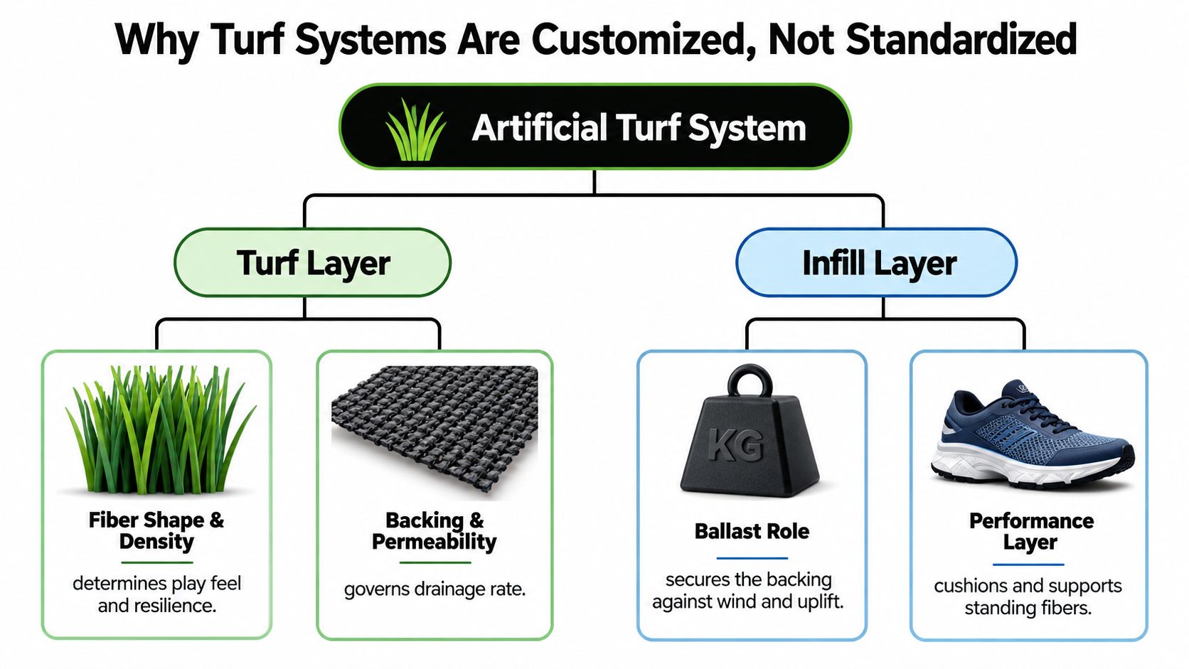 A diagram illustrating the two primary components of an artificial turf system: the turf layer and infill layer.