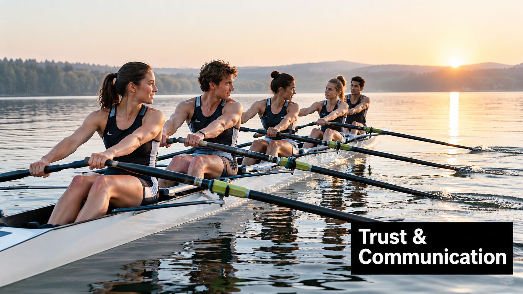 A team of rowers on a calm lake at sunset emphasizing trust and communication in their teamwork.