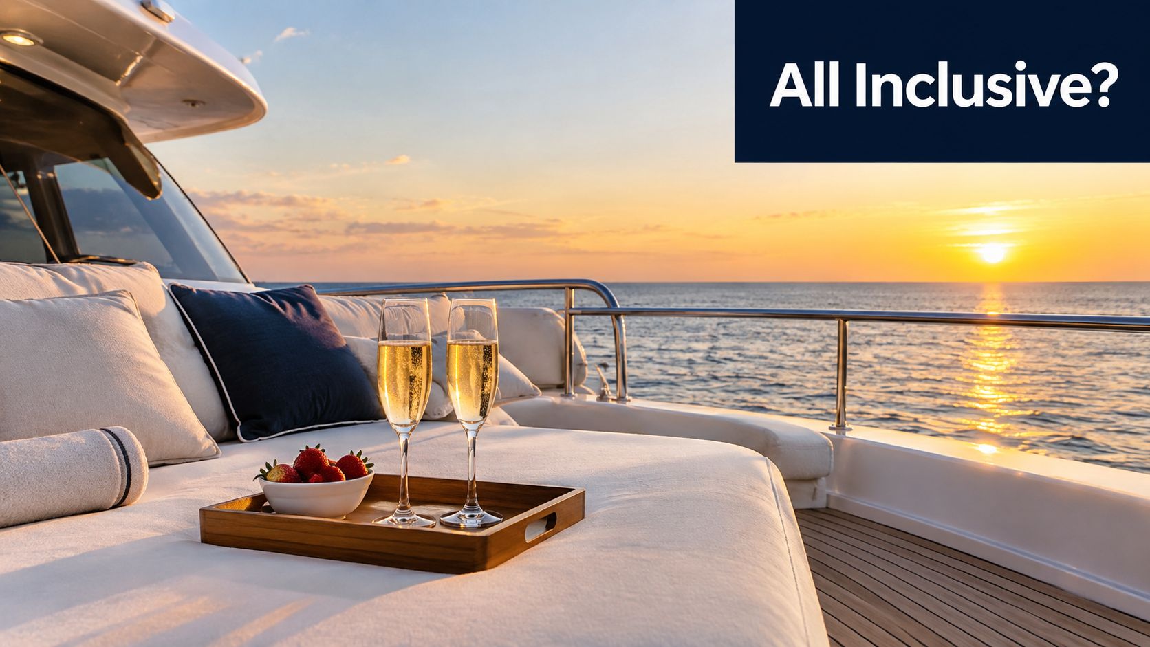 Two glasses of champagne and a bowl of fresh strawberries on a luxury yacht deck at sunset.