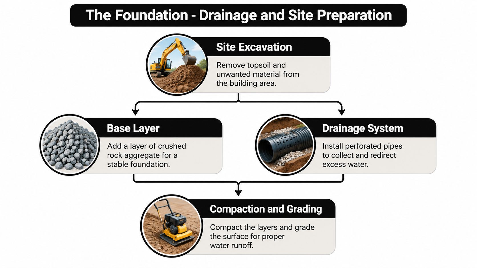 A flowchart diagram illustrating the steps for site preparation and drainage installation for a building foundation.