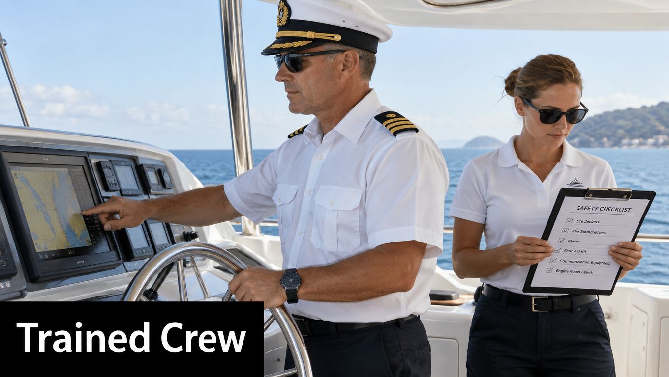 A professional captain and crew member on the bridge of a yacht checking safety equipment