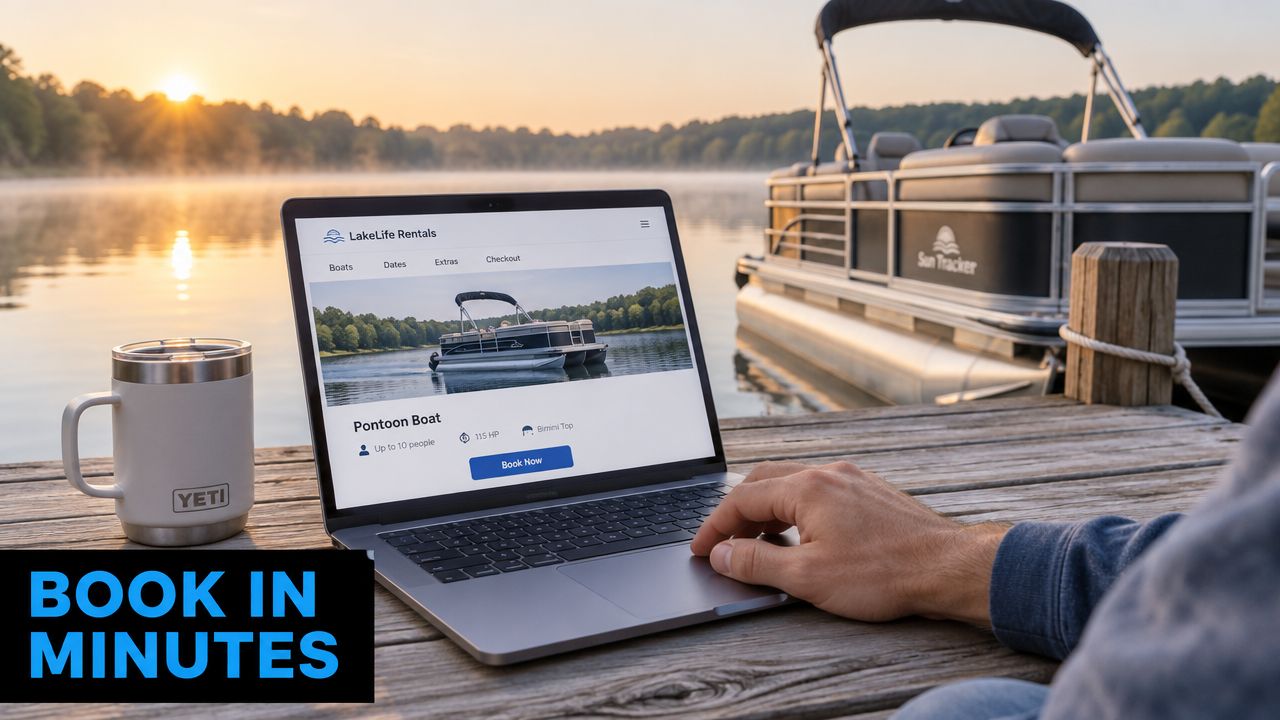 A person using a laptop on a wooden dock to book a pontoon boat rental online.