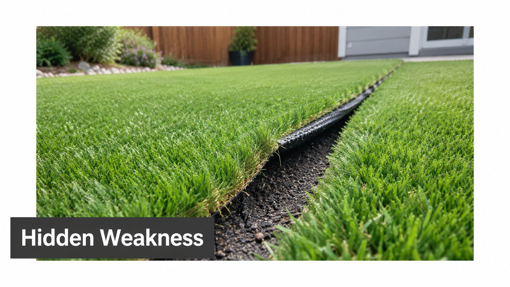 A close-up view of artificial turf with a visible gap between the joined grass panels.