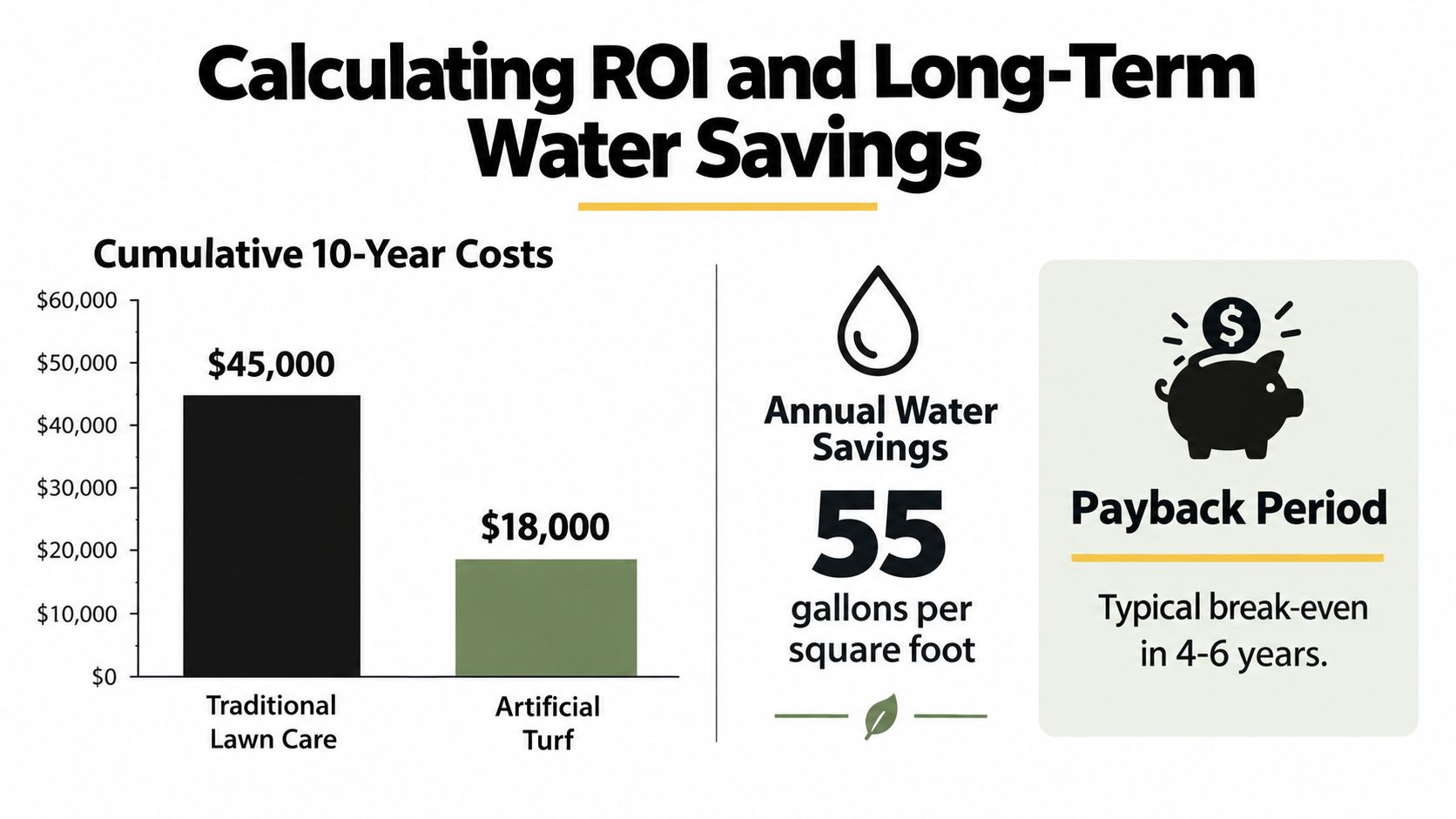 A comparison chart showing that artificial turf provides significant 10-year cost savings compared to traditional lawn care.