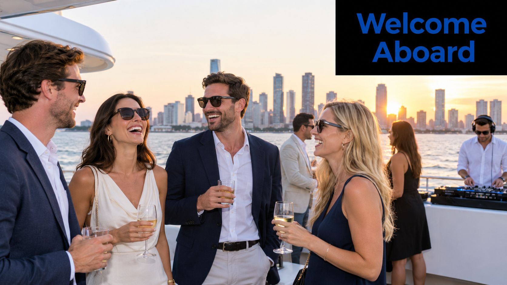 A group of professionals enjoying a corporate boat cruise at sunset with the city skyline in view.