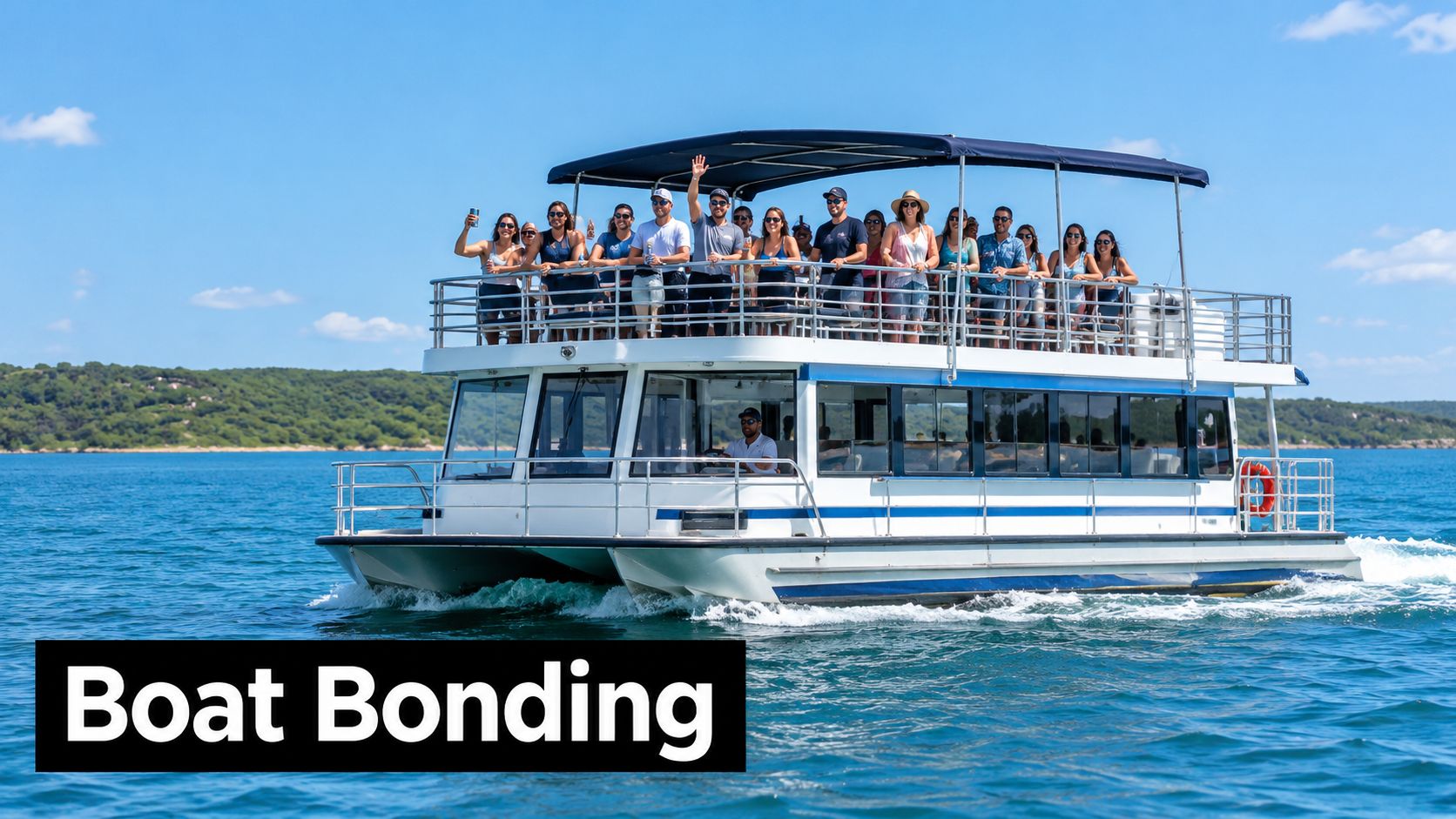 A group of colleagues enjoying a social team building event on a large, double-decker party boat.