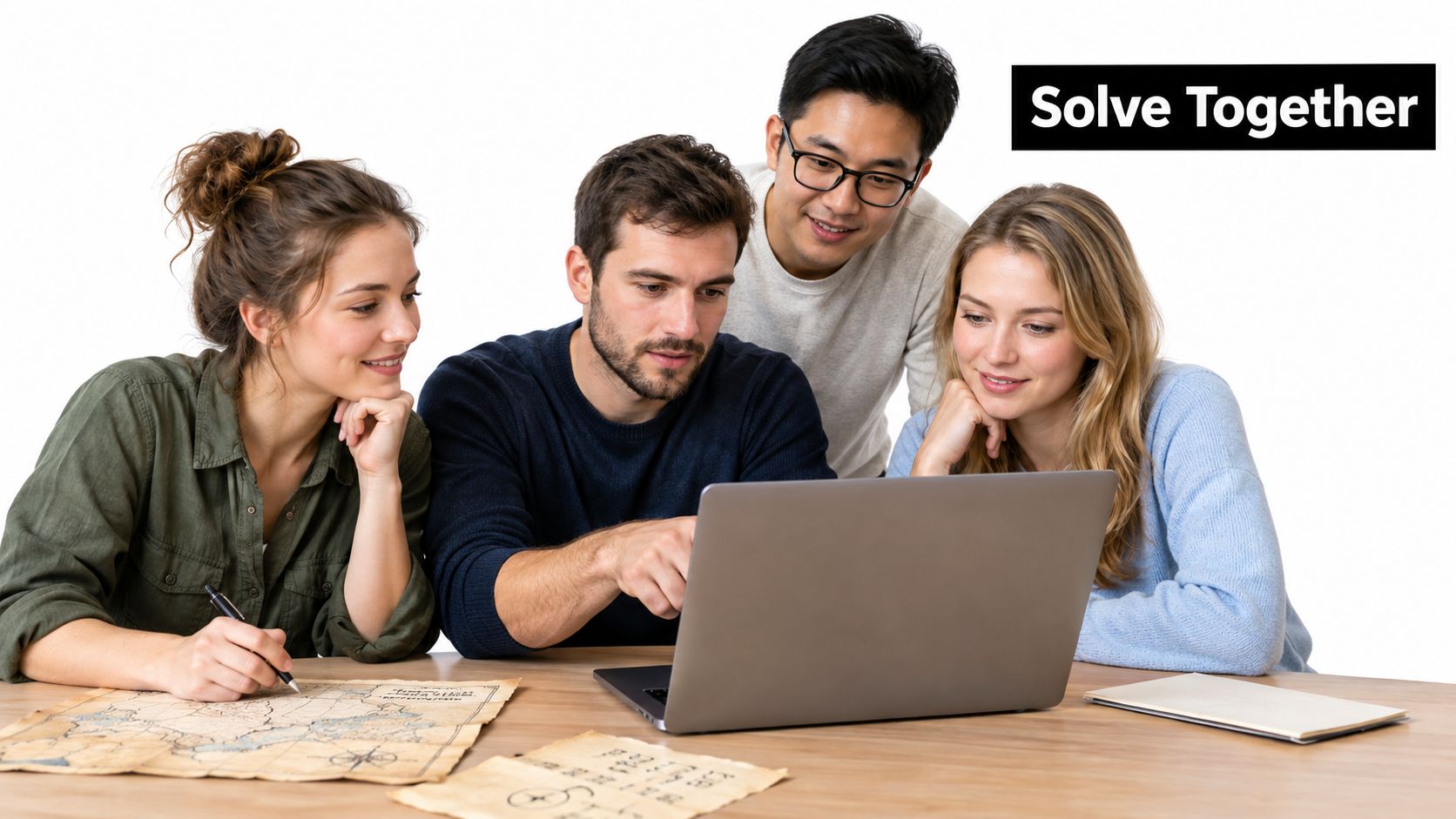 A diverse team of four young professionals collaborating together on a laptop during an online corporate activity.
