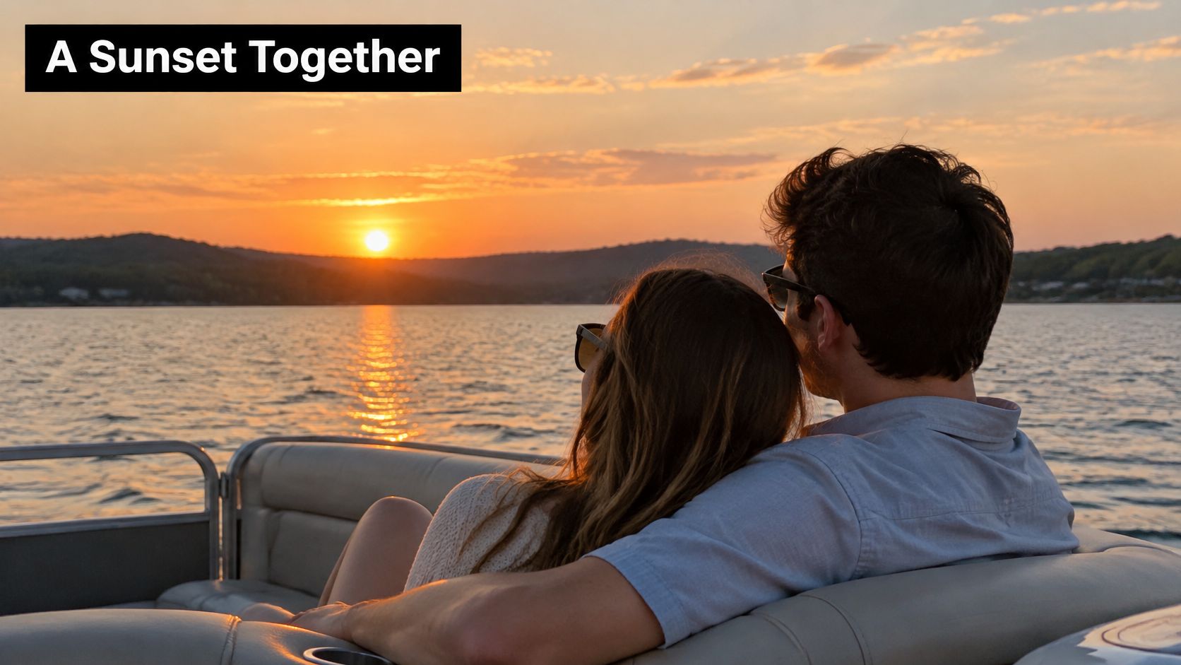 A couple relaxing on a pontoon boat while watching a beautiful orange sunset over the water.