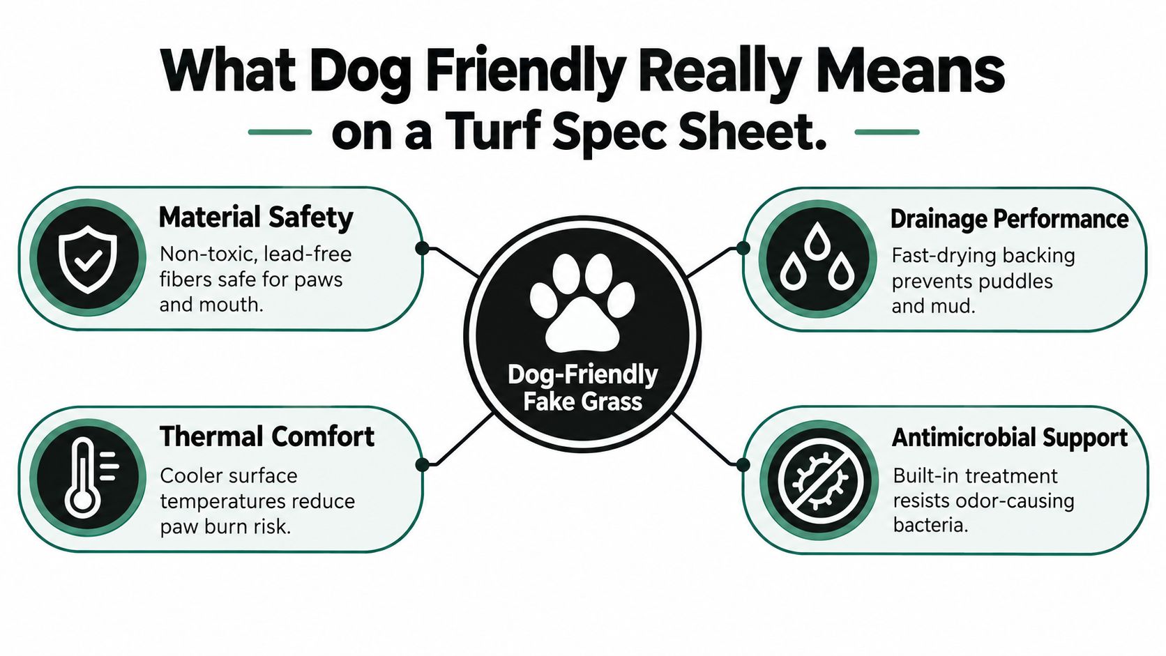 An infographic titled What Dog Friendly Really Means on a Turf Spec Sheet with four key benefits.