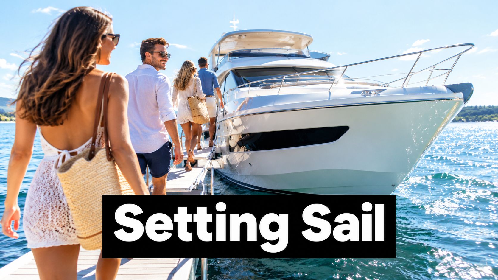 A group of friends walking on a wooden dock to board a luxury yacht on the water.