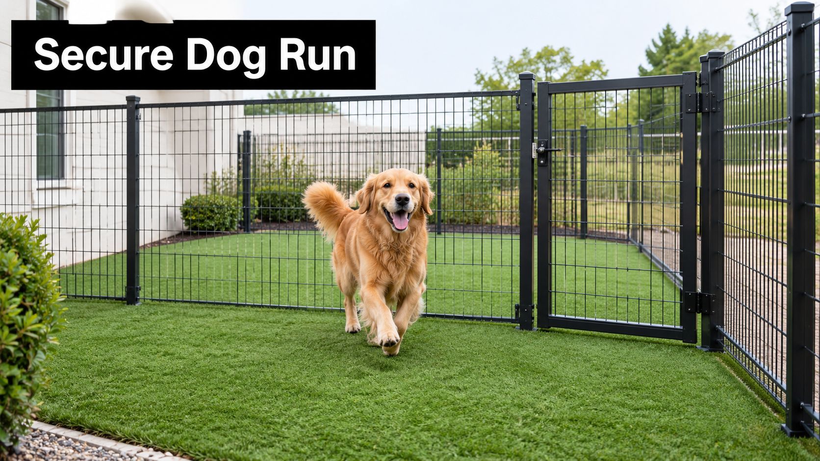 A happy golden retriever running inside a securely fenced dog run with artificial turf grass.