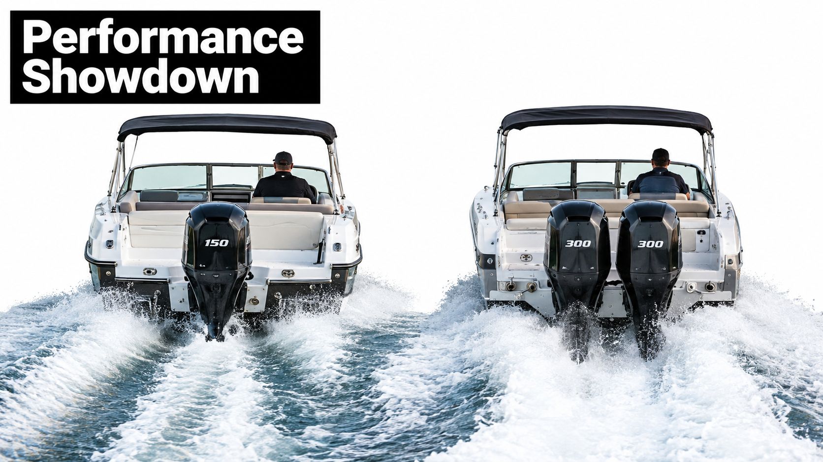Two powerboats speeding on water with a person visible at the helm of each vessel.