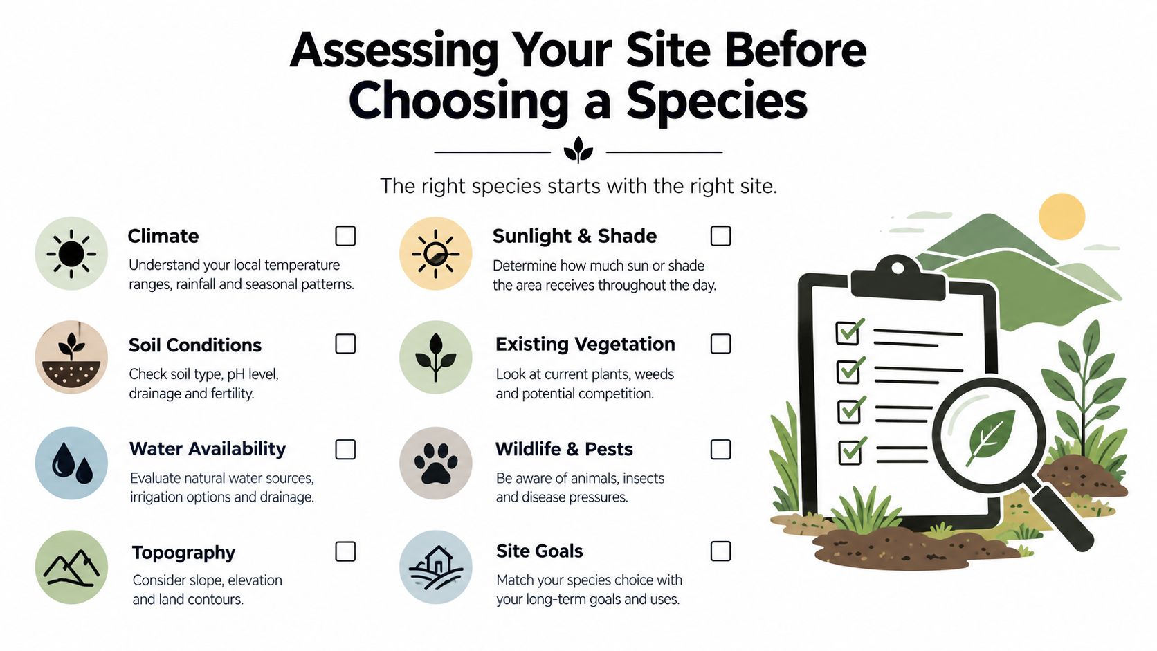 A checklist infographic titled Assessing Your Site Before Choosing a Species with various environmental site factors.