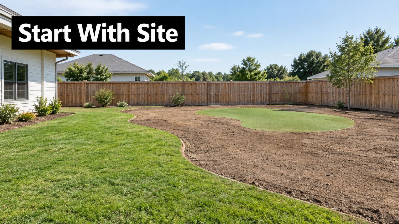 A newly installed backyard synthetic putting green in a residential lawn surrounded by a wooden privacy fence.