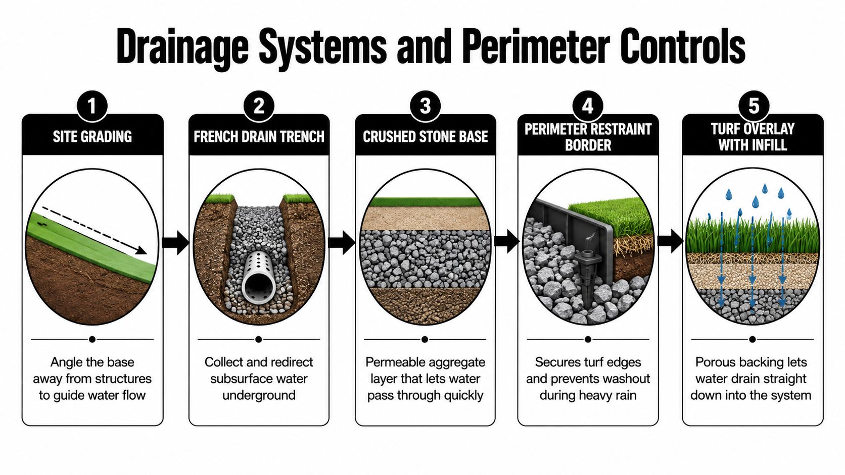 A five-step diagram illustrating the process of installing a backyard putting green drainage and perimeter system.
