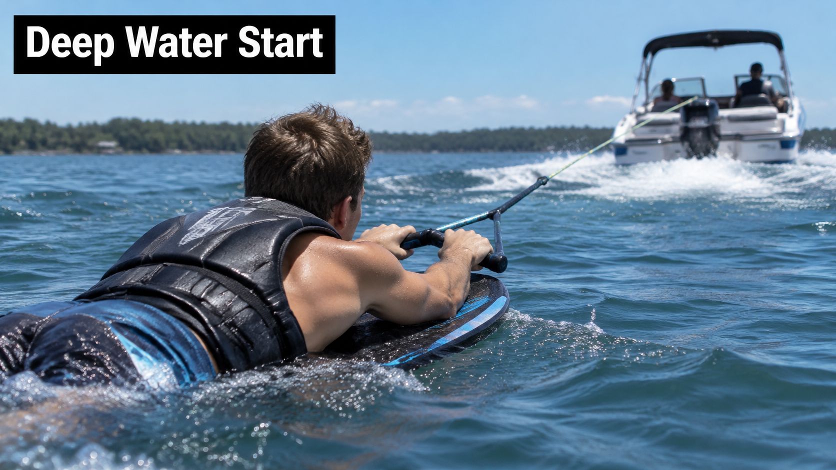 A person on a kneeboard preparing for a deep water start behind a motorboat on a lake.