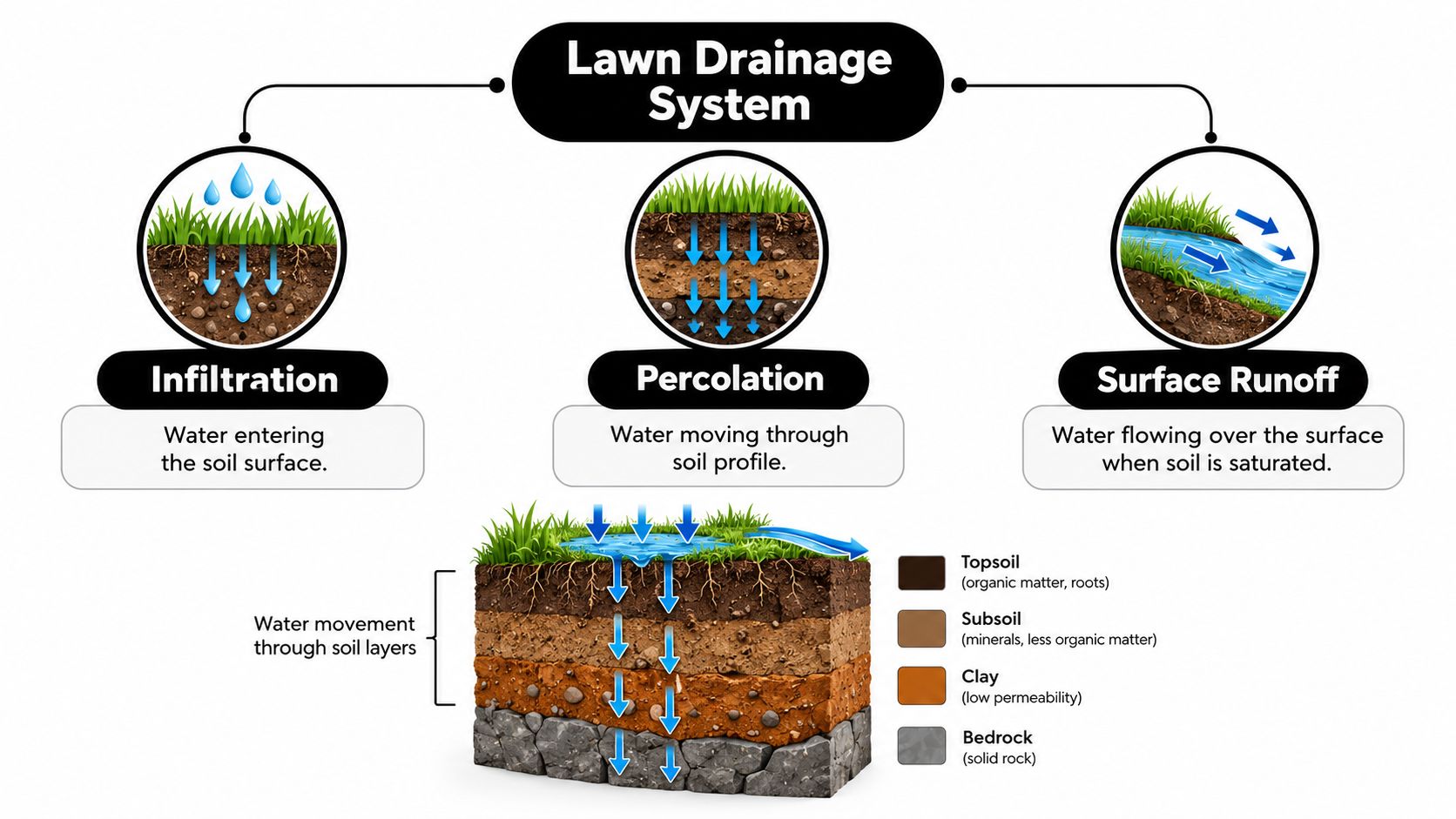 A diagram illustrating lawn drainage components including infiltration, percolation, and surface runoff across different soil layers.