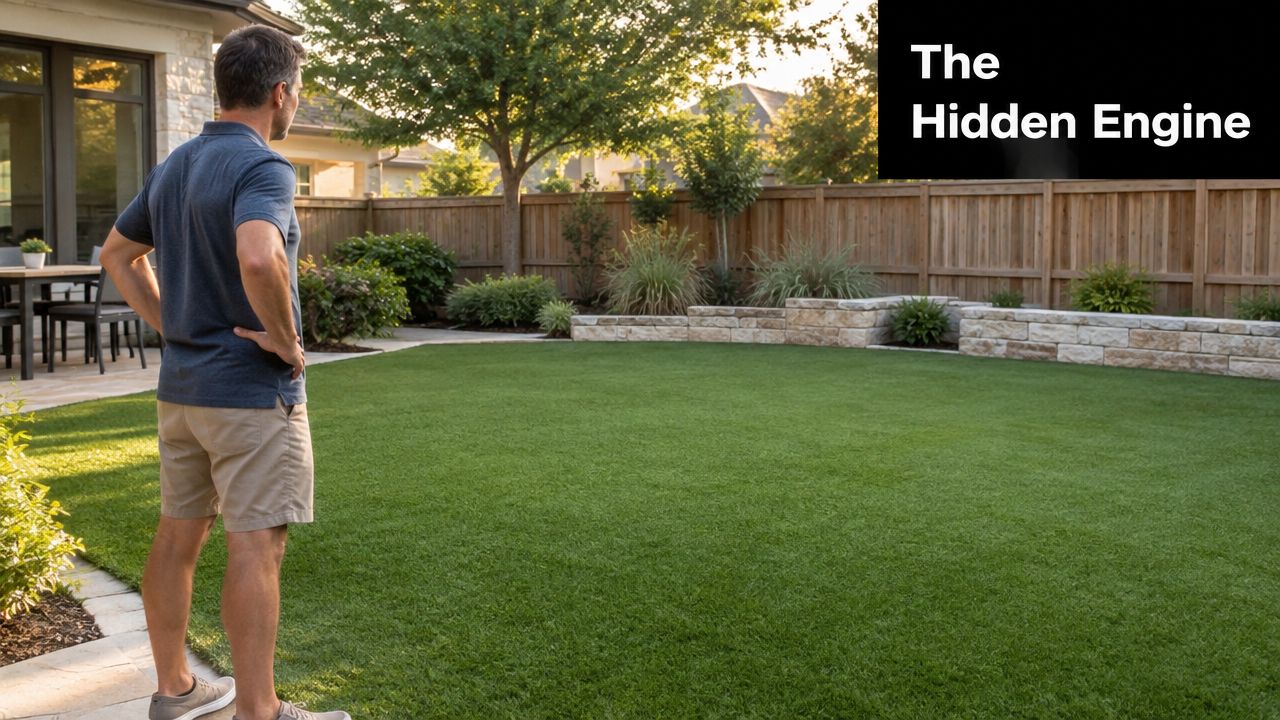A man standing in his backyard looking at a perfectly manicured synthetic grass lawn area.