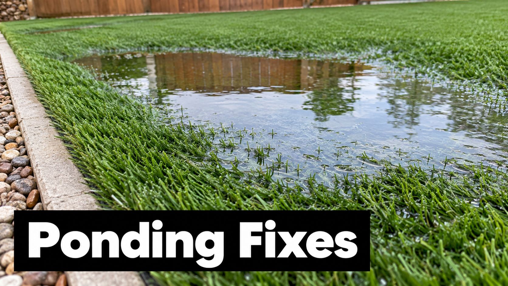A large puddle of standing water pooling on artificial turf in a backyard landscape setting.