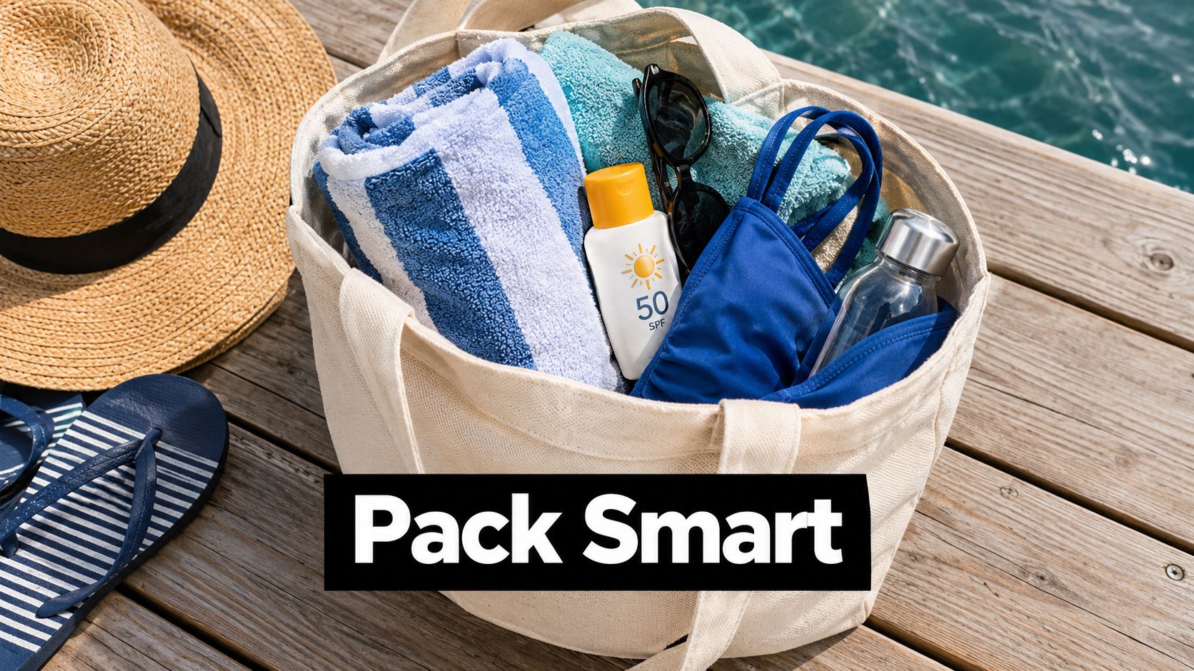 A canvas beach bag filled with a striped towel, sunscreen, sunglasses, swimsuit, and water bottle on a dock.