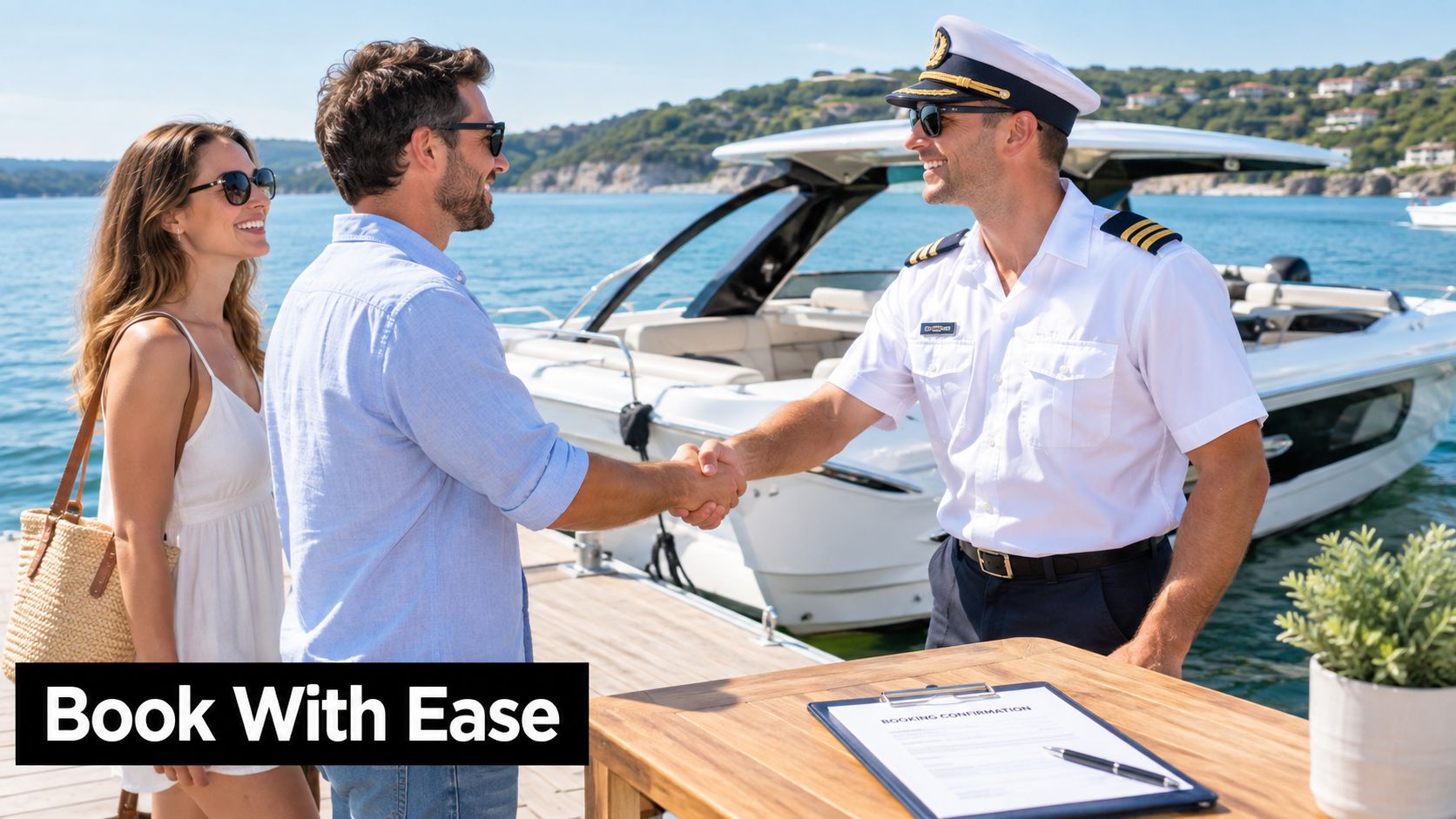 A boat captain shaking hands with a customer at a dock with a luxury boat nearby.