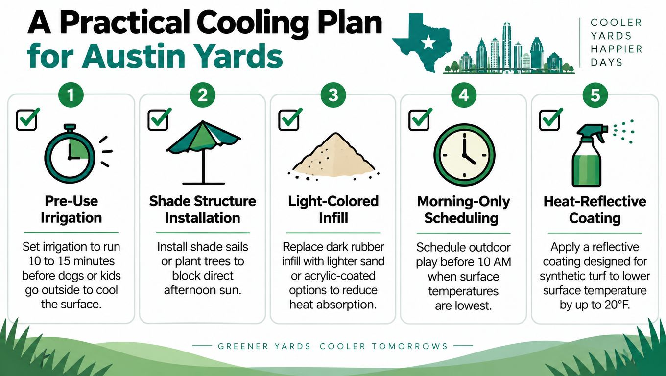 An infographic titled A Practical Cooling Plan for Austin Yards offering five tips to cool synthetic turf.