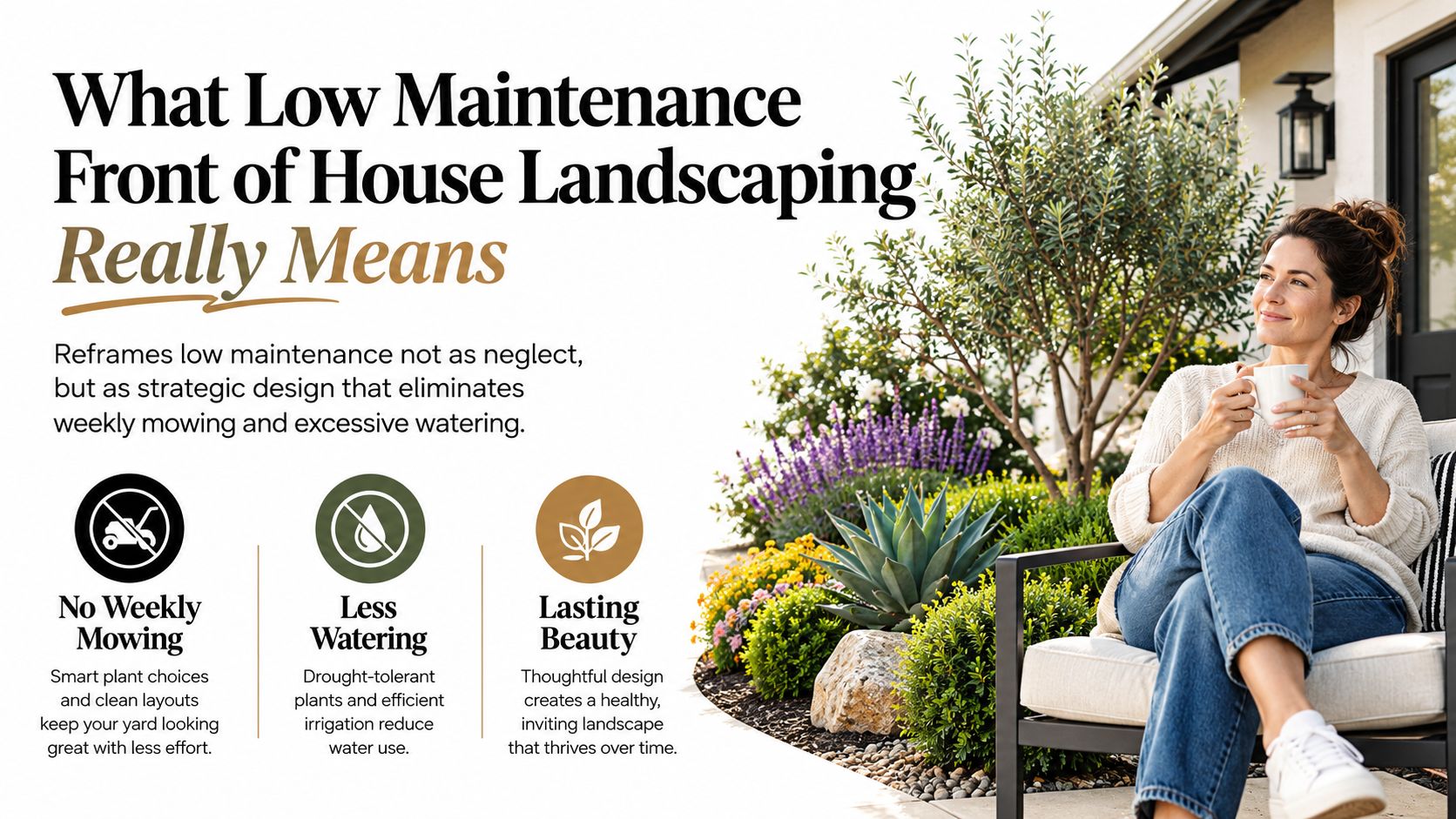 A woman relaxing with coffee outside a house with low maintenance, drought-tolerant front yard landscaping.