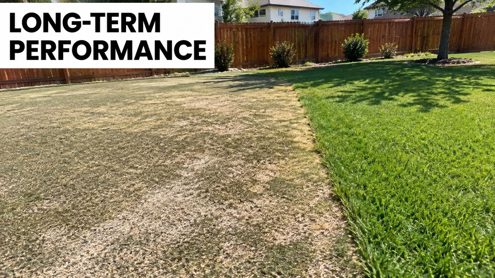 A side-by-side comparison showing long-term performance of UV resistant artificial grass versus a natural lawn.