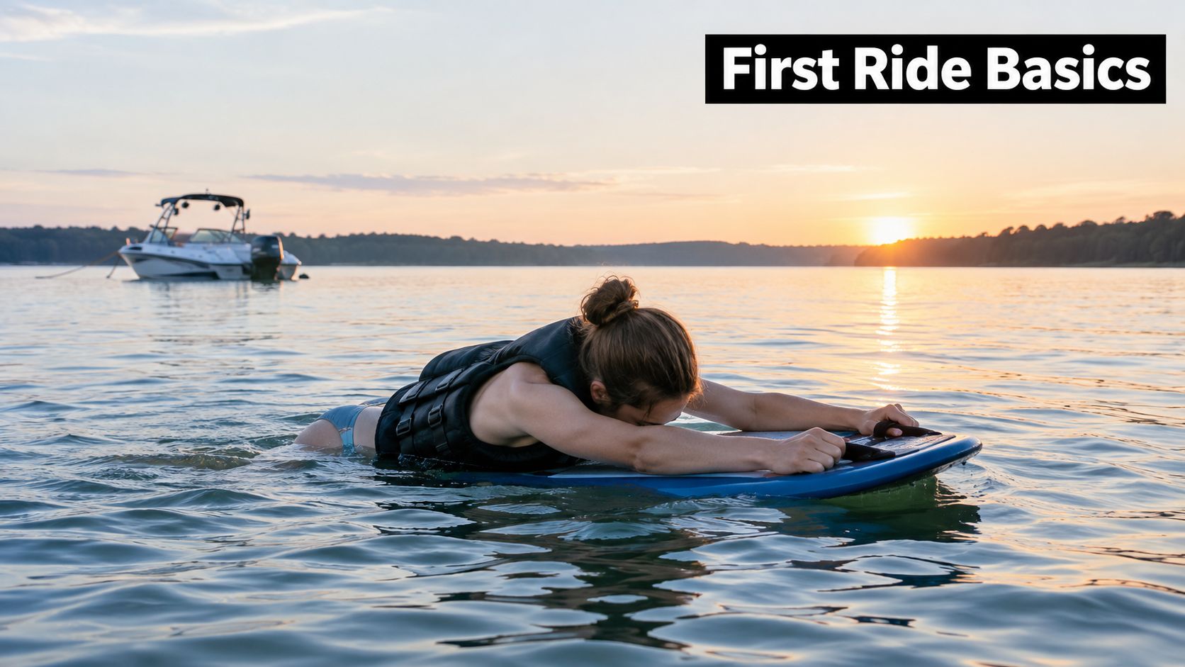 A person wearing a life vest lies prone on a blue kneeboard in the water during sunset.