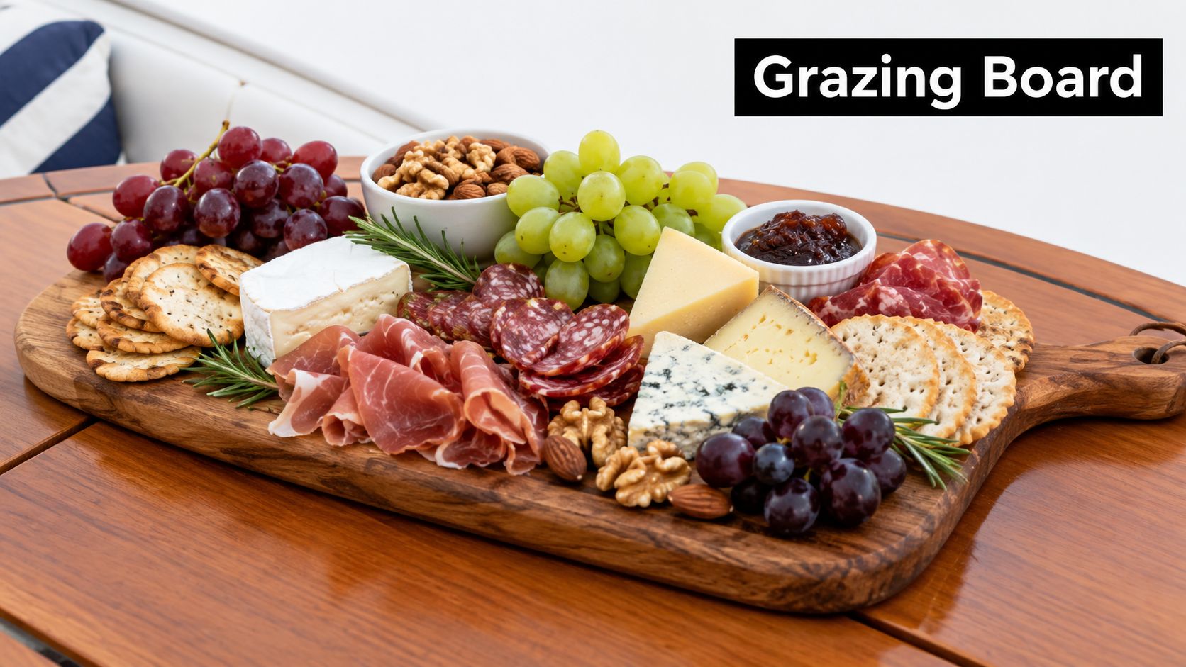 A wooden charcuterie grazing board featuring cured meats, assorted cheeses, fresh grapes, walnuts, and crisp crackers.