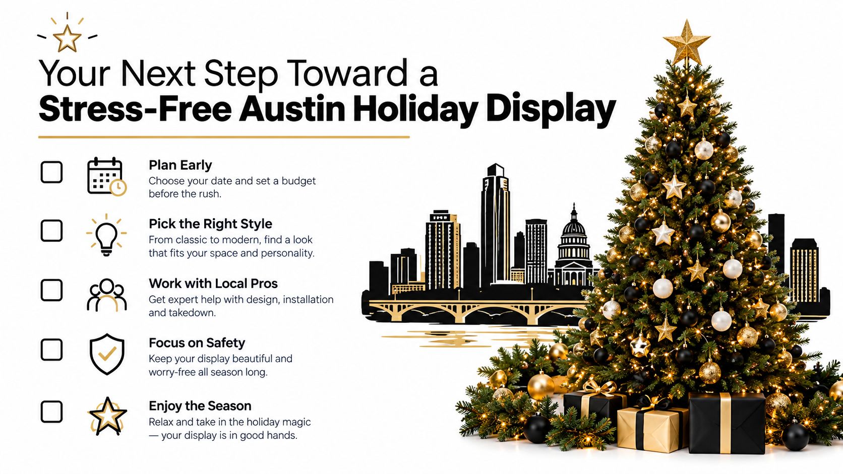 An infographic titled Your Next Step Toward a Stress-Free Austin Holiday Display featuring a decorated Christmas tree.