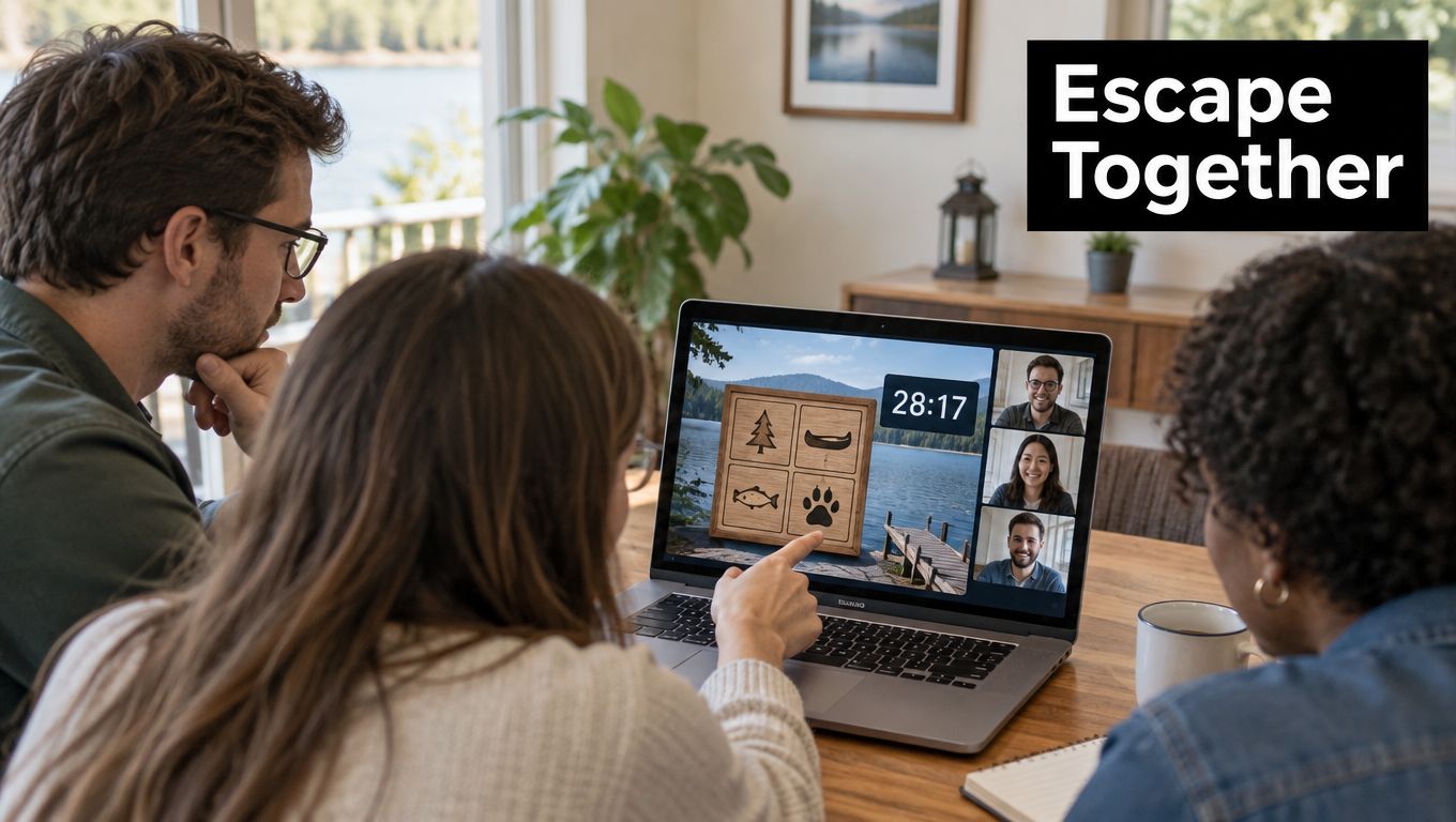A group of colleagues collaborating on a virtual escape room game on a laptop for team building.