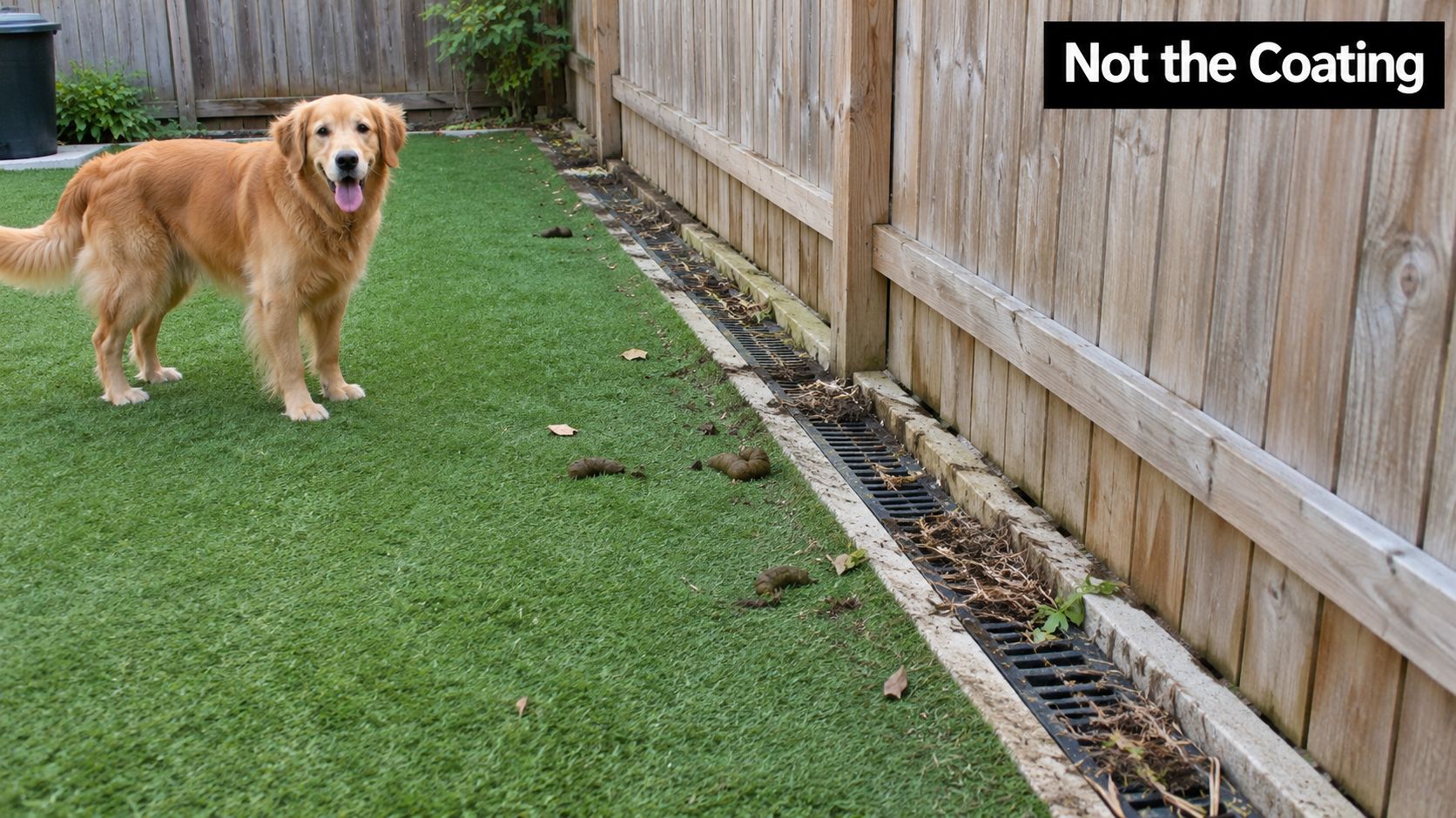 A golden retriever standing on artificial grass next to a fence with visible pet waste on the ground.