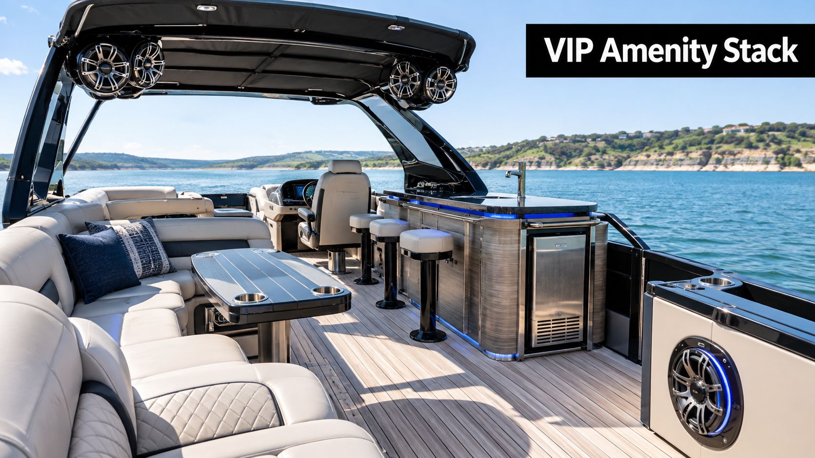 A luxurious pontoon boat on Lake Travis with a bar area, comfortable seating, and modern audio system.