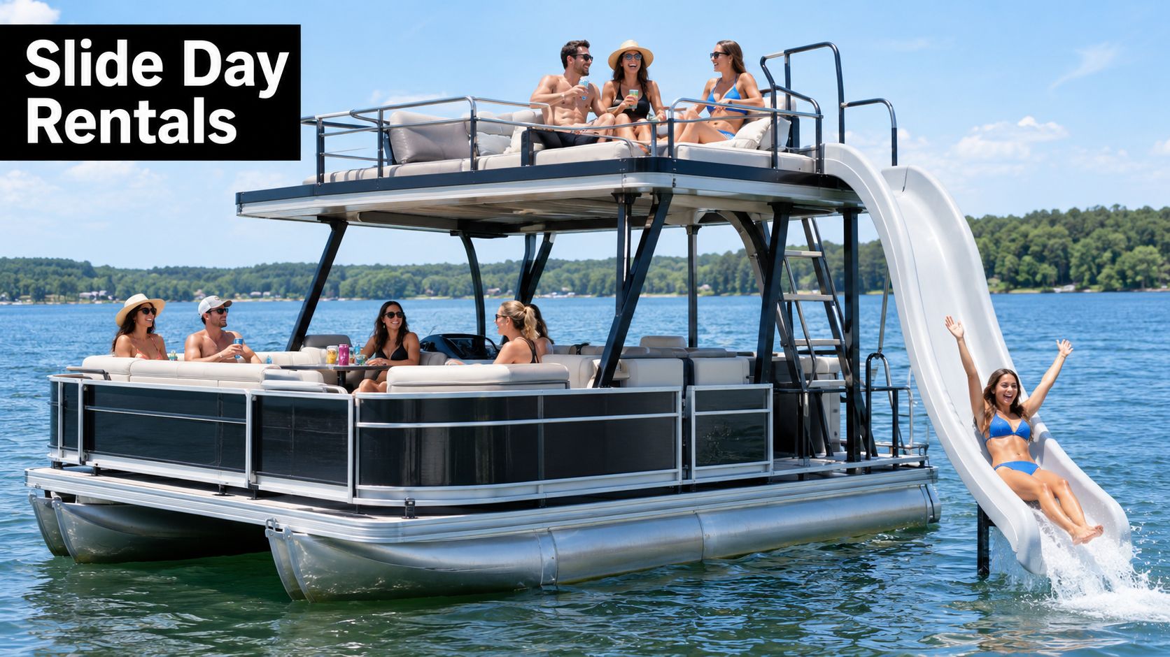 A group of friends relaxing on a double-decker pontoon boat featuring a large water slide on a lake.