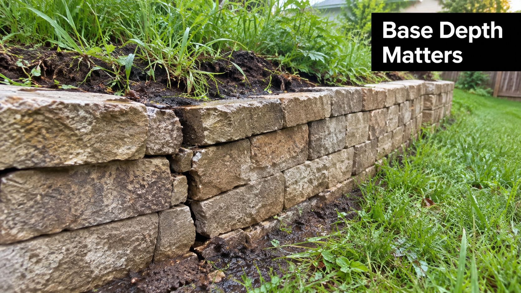 A section of a stone retaining wall failing due to inadequate base depth and soil erosion.
