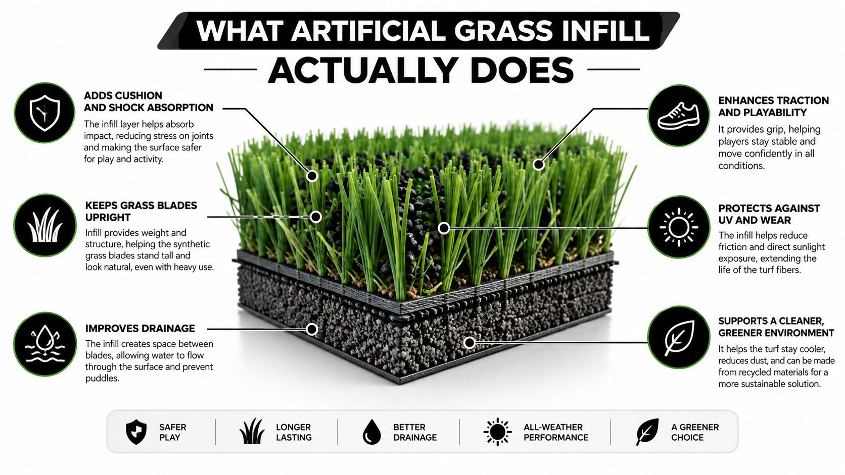 A diagram illustrating the benefits of artificial grass infill, including shock absorption, drainage, and turf longevity.