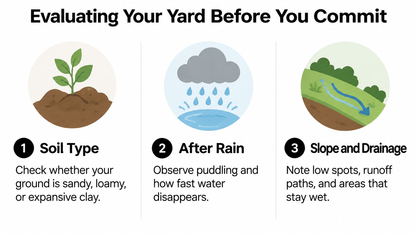 An infographic titled Evaluating Your Yard Before You Commit showing three steps for assessing soil, rain, and drainage.